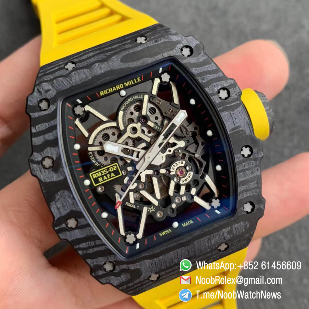 Richard Mille RM35 02 RAFA Black Forge Carbon Case Skeleton Dial on Yellow Rubber Strap NH05A ZF V2 Top Clone 02