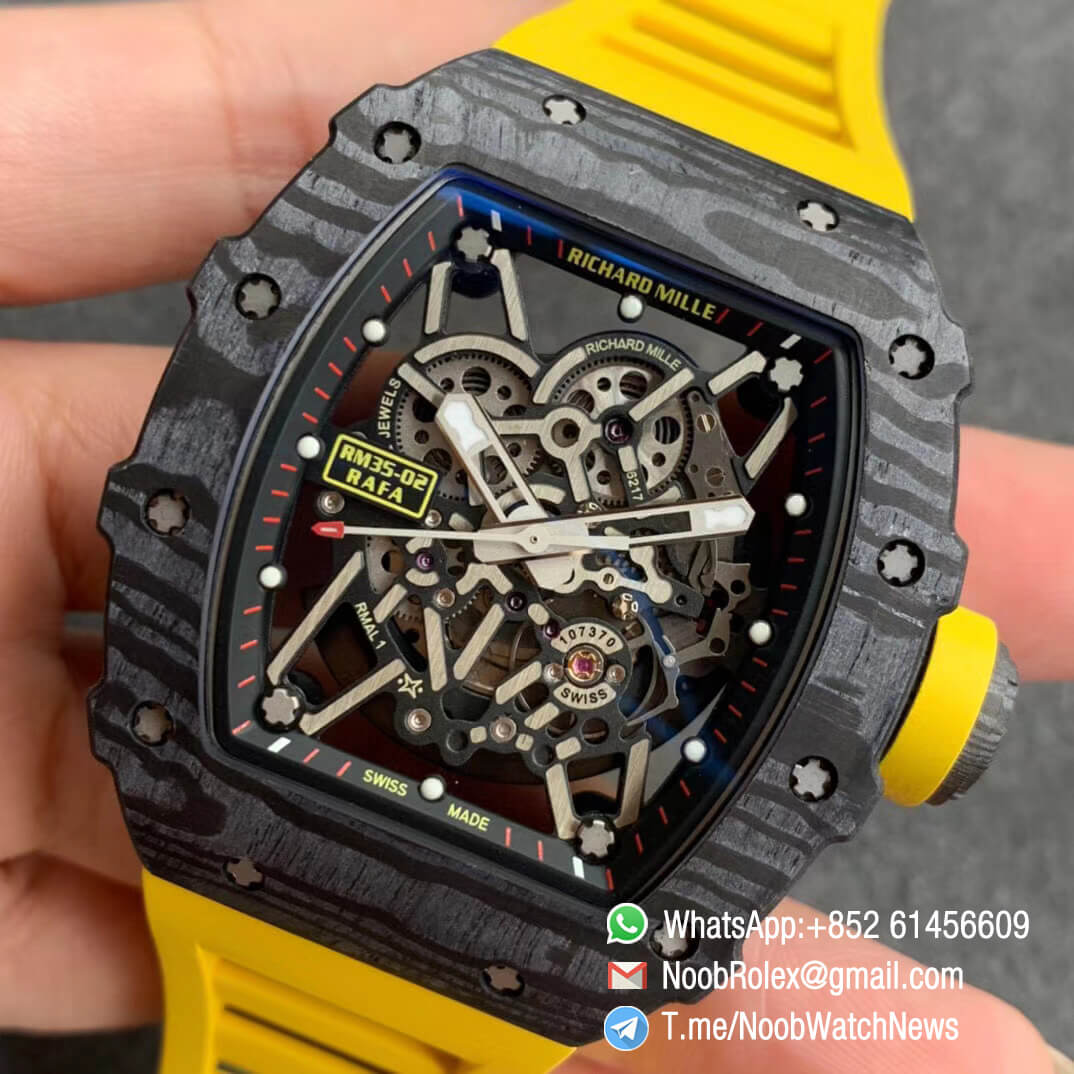 Richard Mille RM35 02 RAFA Black Forge Carbon Case Skeleton Dial on Yellow Rubber Strap NH05A ZF V2 Top Clone 03