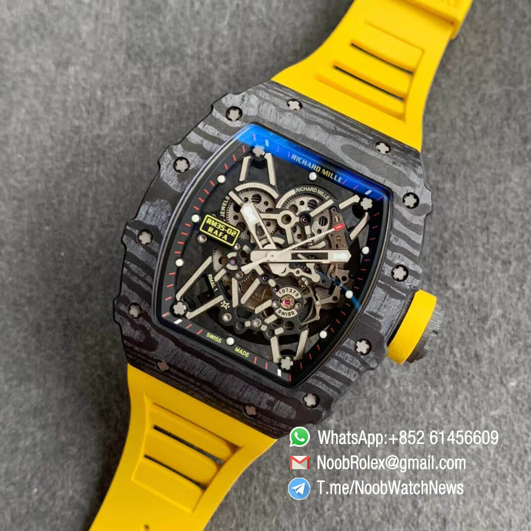 Richard Mille RM35 02 RAFA Black Forge Carbon Case Skeleton Dial on Yellow Rubber Strap NH05A ZF V2 Top Clone 09