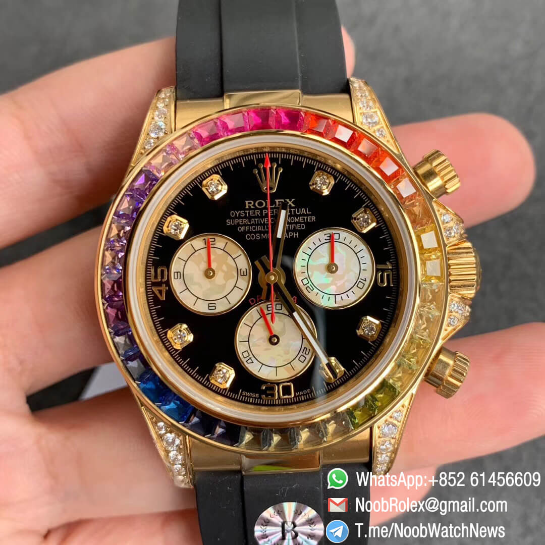 Rolex Daytona 116589RBOW Yellow Gold Case with Diamonds Rainbow Crystal Bezel Black Dial Rainbow Crystal Markers on Rubber Strap A4130 BLF Top Clone 01
