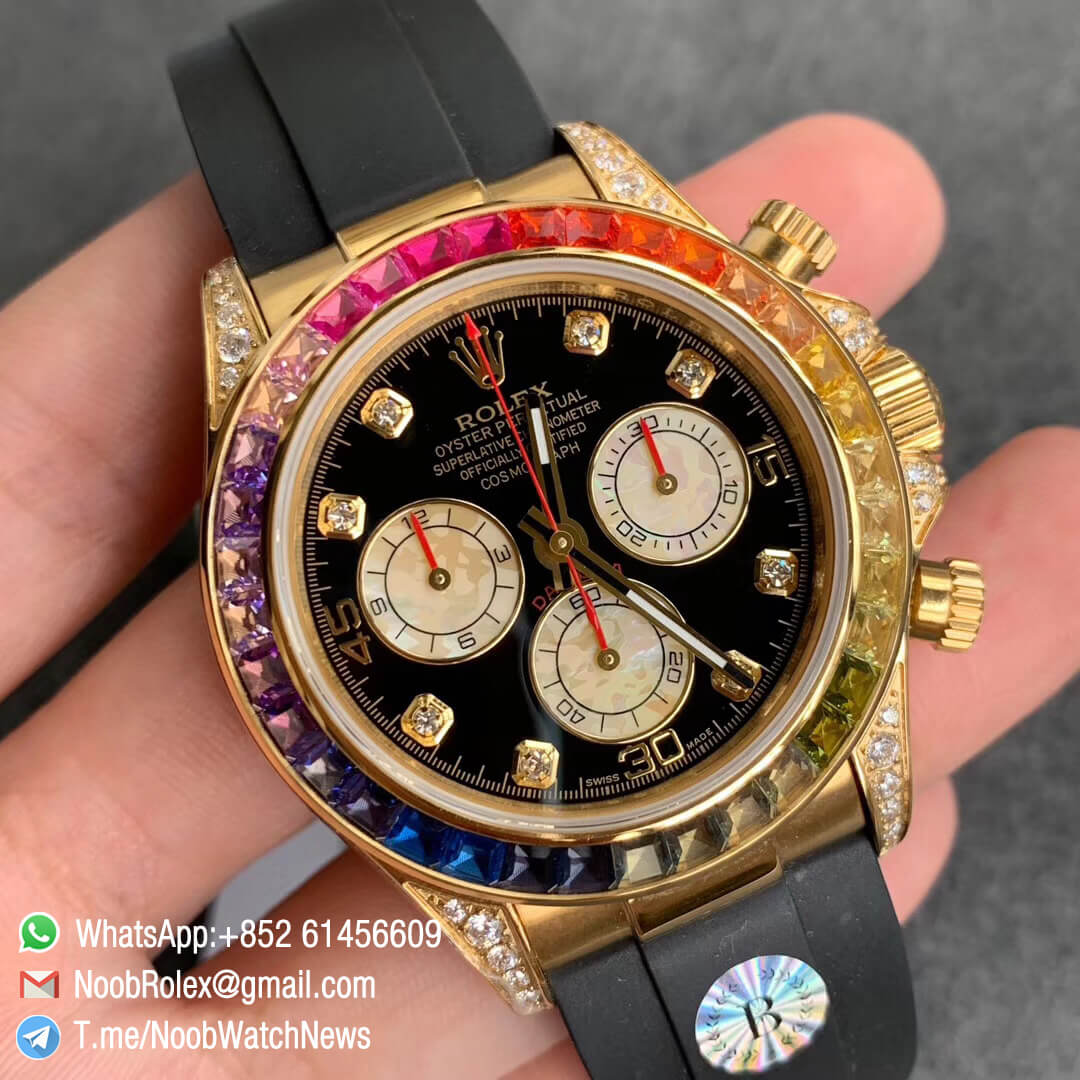 Rolex Daytona 116589RBOW Yellow Gold Case with Diamonds Rainbow Crystal Bezel Black Dial Rainbow Crystal Markers on Rubber Strap A4130 BLF Top Clone 02