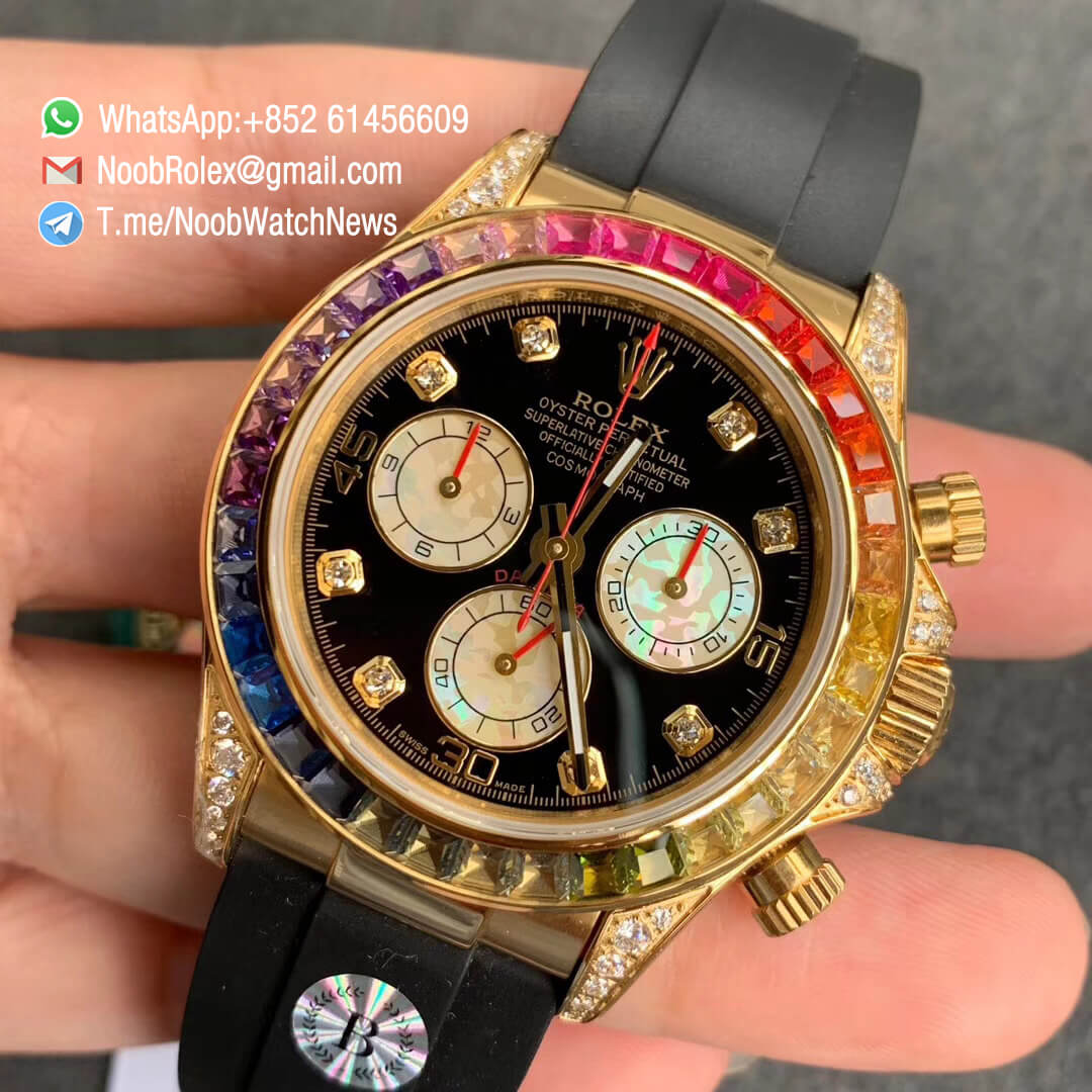 Rolex Daytona 116589RBOW Yellow Gold Case with Diamonds Rainbow Crystal Bezel Black Dial Rainbow Crystal Markers on Rubber Strap A4130 BLF Top Clone 03