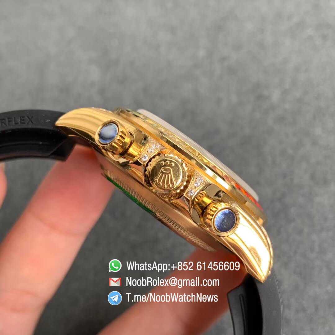 Rolex Daytona 116589RBOW Yellow Gold Case with Diamonds Rainbow Crystal Bezel Black Dial Rainbow Crystal Markers on Rubber Strap A4130 BLF Top Clone 04