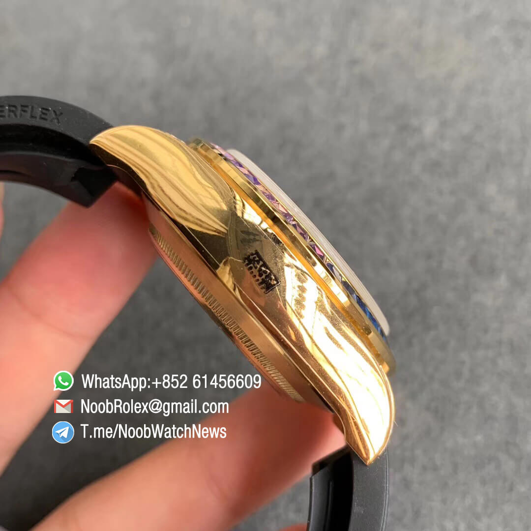 Rolex Daytona 116589RBOW Yellow Gold Case with Diamonds Rainbow Crystal Bezel Black Dial Rainbow Crystal Markers on Rubber Strap A4130 BLF Top Clone 05