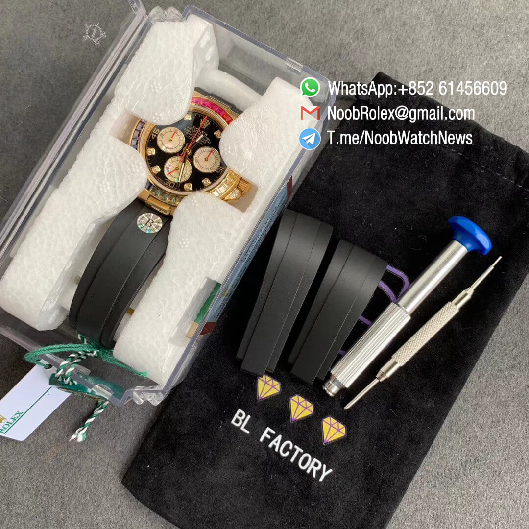 Rolex Daytona 116589RBOW Yellow Gold Case with Diamonds Rainbow Crystal Bezel Black Dial Rainbow Crystal Markers on Rubber Strap A4130 BLF Top Clone 09