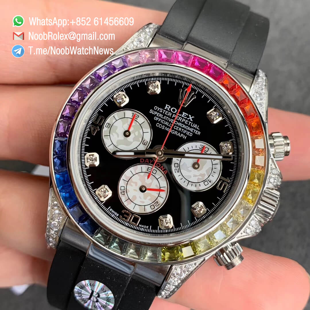 Rolex Daytona 116599RBOW Steel Case with Diamonds Rainbow Crystal Bezel Black Dial Diamonds Markers on Rubber Strap A4130 BLF Best Duplicate 04