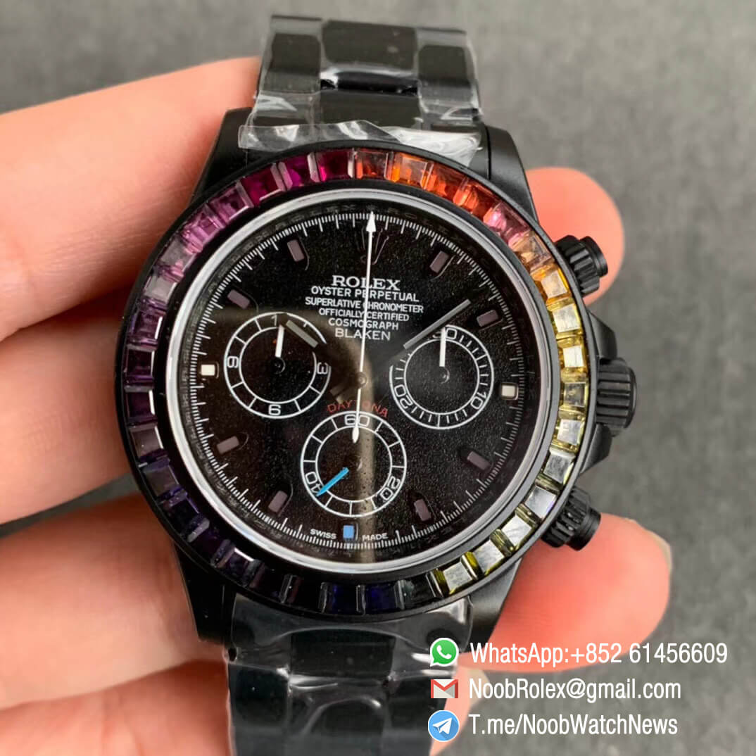 Rolex Daytona Blaken Rainbow Crystal Bezel PVD Black Dial on PVD Bracelet A7750 OXF Best Edition 01