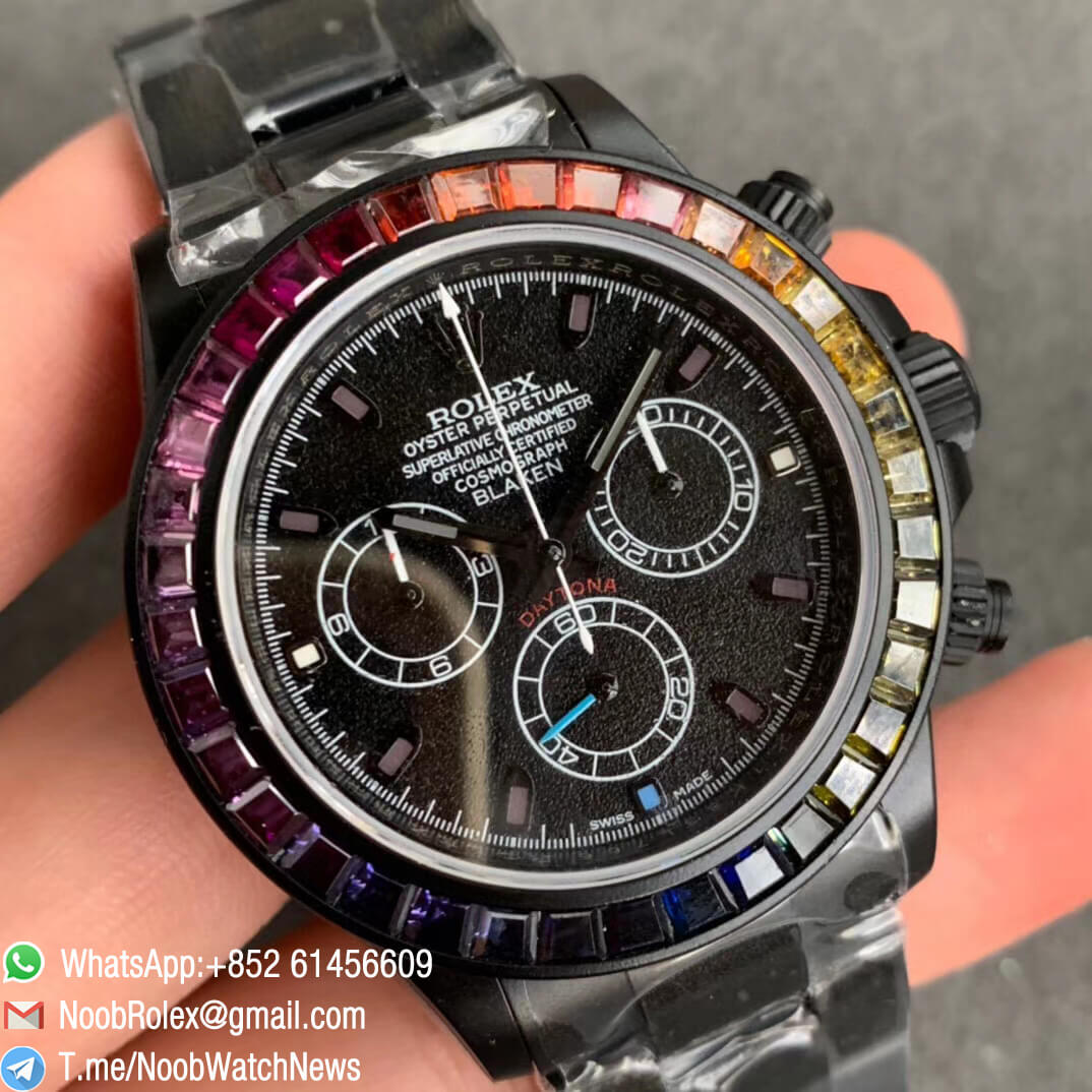 Rolex Daytona Blaken Rainbow Crystal Bezel PVD Black Dial on PVD Bracelet A7750 OXF Best Edition 02