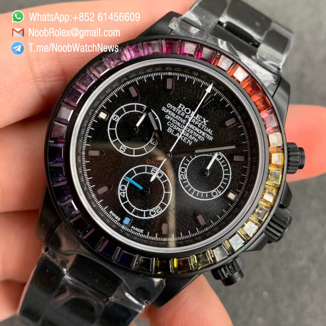 Rolex Daytona Blaken Rainbow Crystal Bezel PVD Black Dial on PVD Bracelet A7750 OXF Best Edition 03