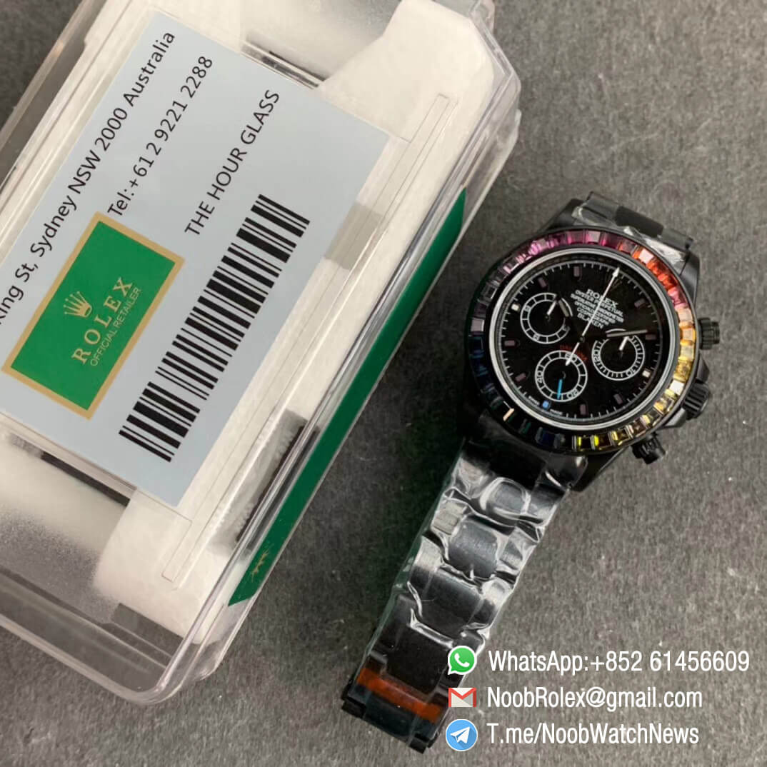 Rolex Daytona Blaken Rainbow Crystal Bezel PVD Black Dial on PVD Bracelet A7750 OXF Best Edition 09