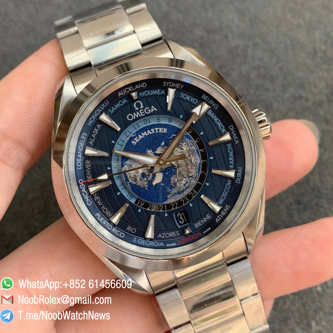 Seamaster Aqua Terra 150m GMT Worldtimer 43mm Steel Case Bracelet Blue Dial A8938 VS Factory Rep Omega 02