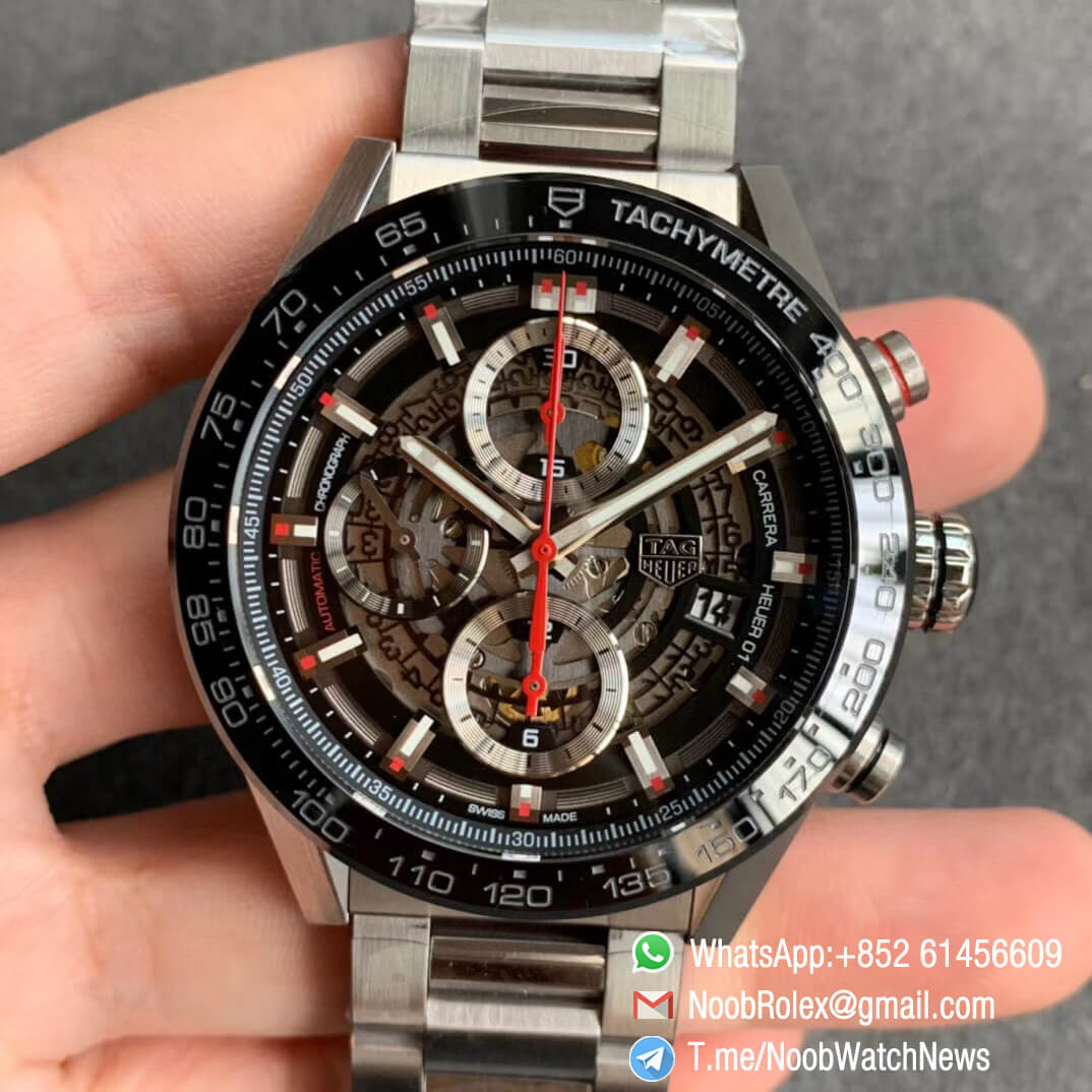 Tag Heuer Carrera Heuer 01 Automatic Chrono 43mm Steel Case Bracelet Skeleton Dial Red Hand A1887 XF Best Quality Clone Watch 01