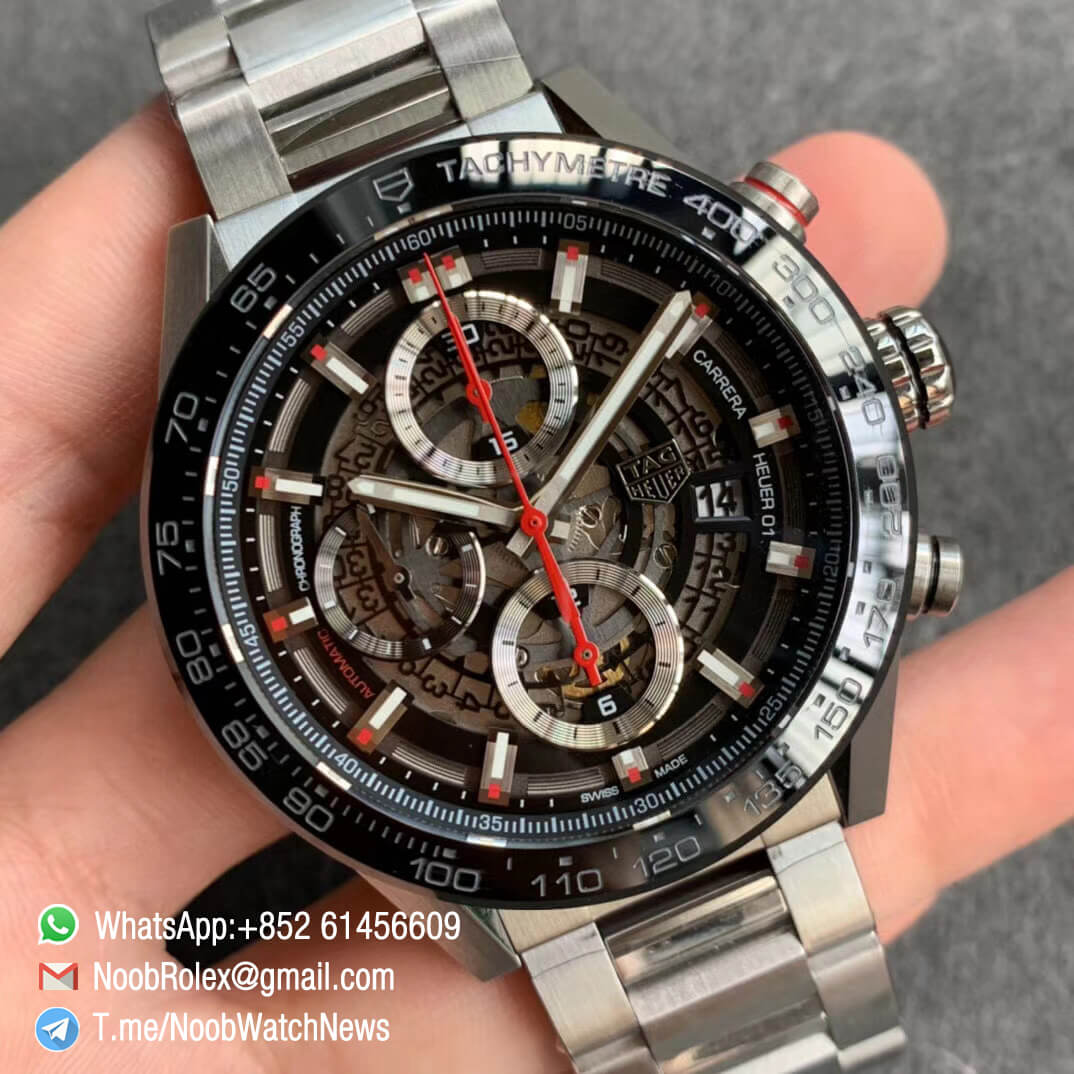 Tag Heuer Carrera Heuer 01 Automatic Chrono 43mm Steel Case Bracelet Skeleton Dial Red Hand A1887 XF Best Quality Clone Watch 02