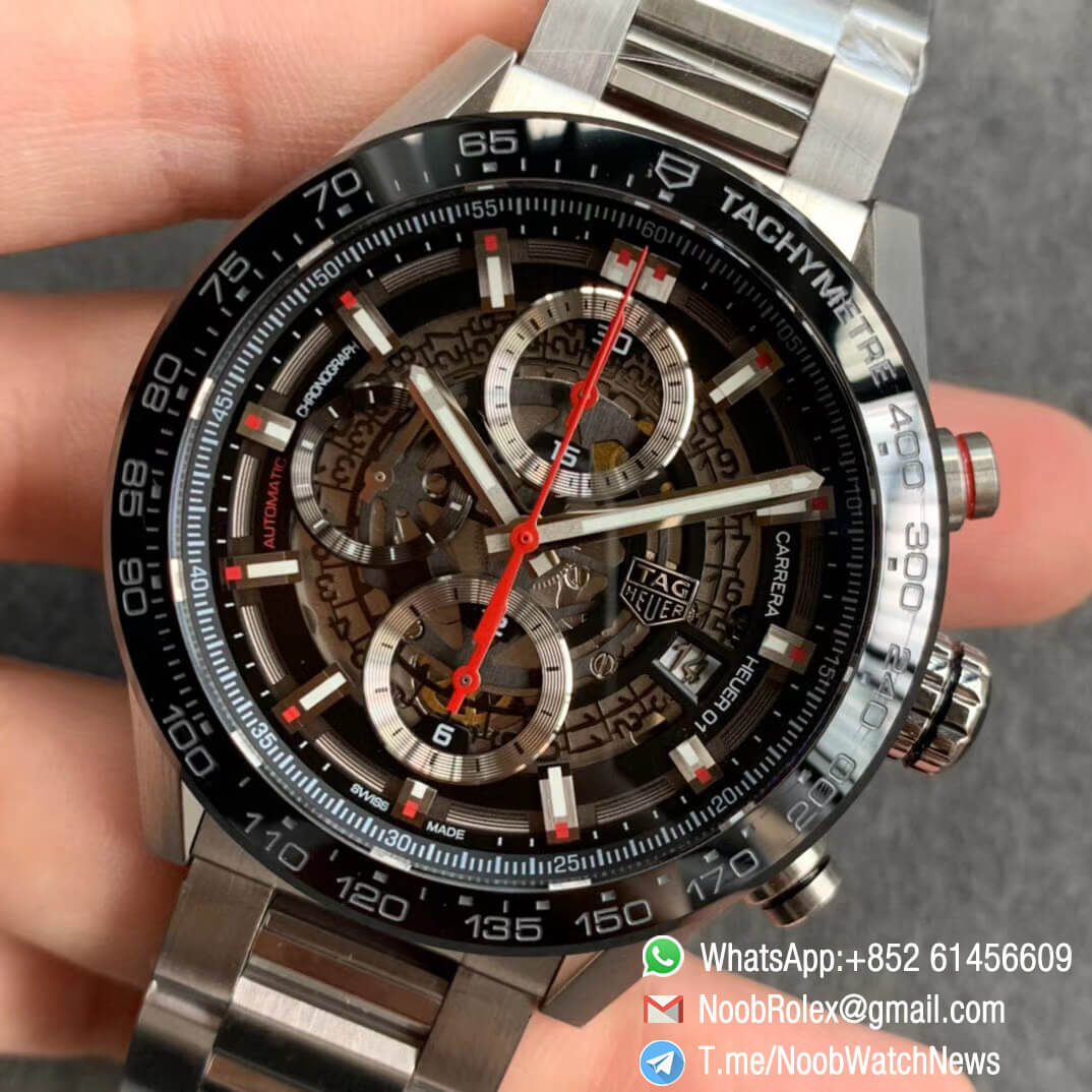 Tag Heuer Carrera Heuer 01 Automatic Chrono 43mm Steel Case Bracelet Skeleton Dial Red Hand A1887 XF Best Quality Clone Watch 03