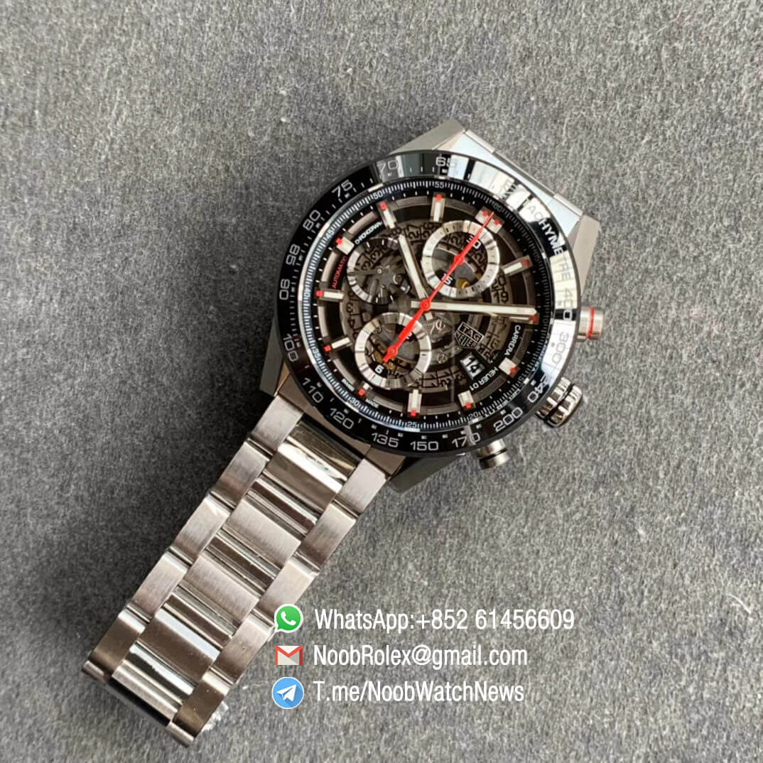 Tag Heuer Carrera Heuer 01 Automatic Chrono 43mm Steel Case Bracelet Skeleton Dial Red Hand A1887 XF Best Quality Clone Watch 09