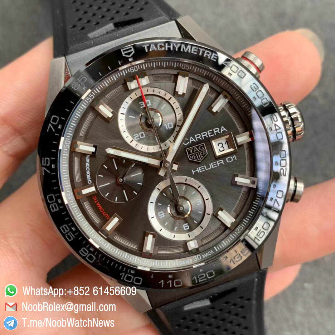 Tag Heuer Carrera Heuer 01 Automatic Chronograph Steel Case Grey Dial on Black Rubber Strap A1887 XF Top Quality 03