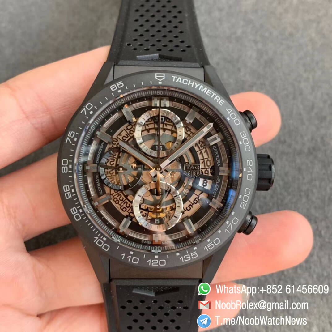 Tag Heuer Carrera Heuer 01 Chrono 43mm Ceramic Case Skeleton Dial on Black Rubber Strap A1887 XF Top Quality Replica Swiss Watch 01