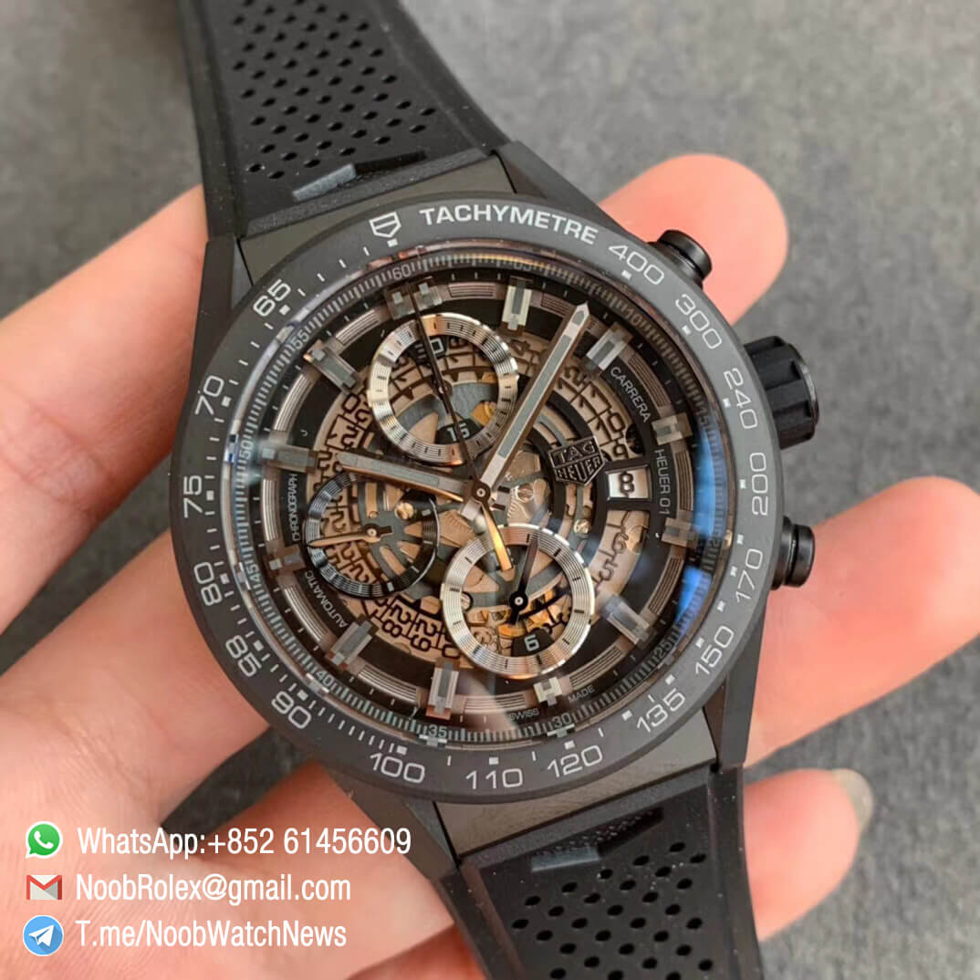 Tag Heuer Carrera Heuer 01 Chrono 43mm Ceramic Case Skeleton Dial on Black Rubber Strap A1887 XF Top Quality Replica Swiss Watch 02
