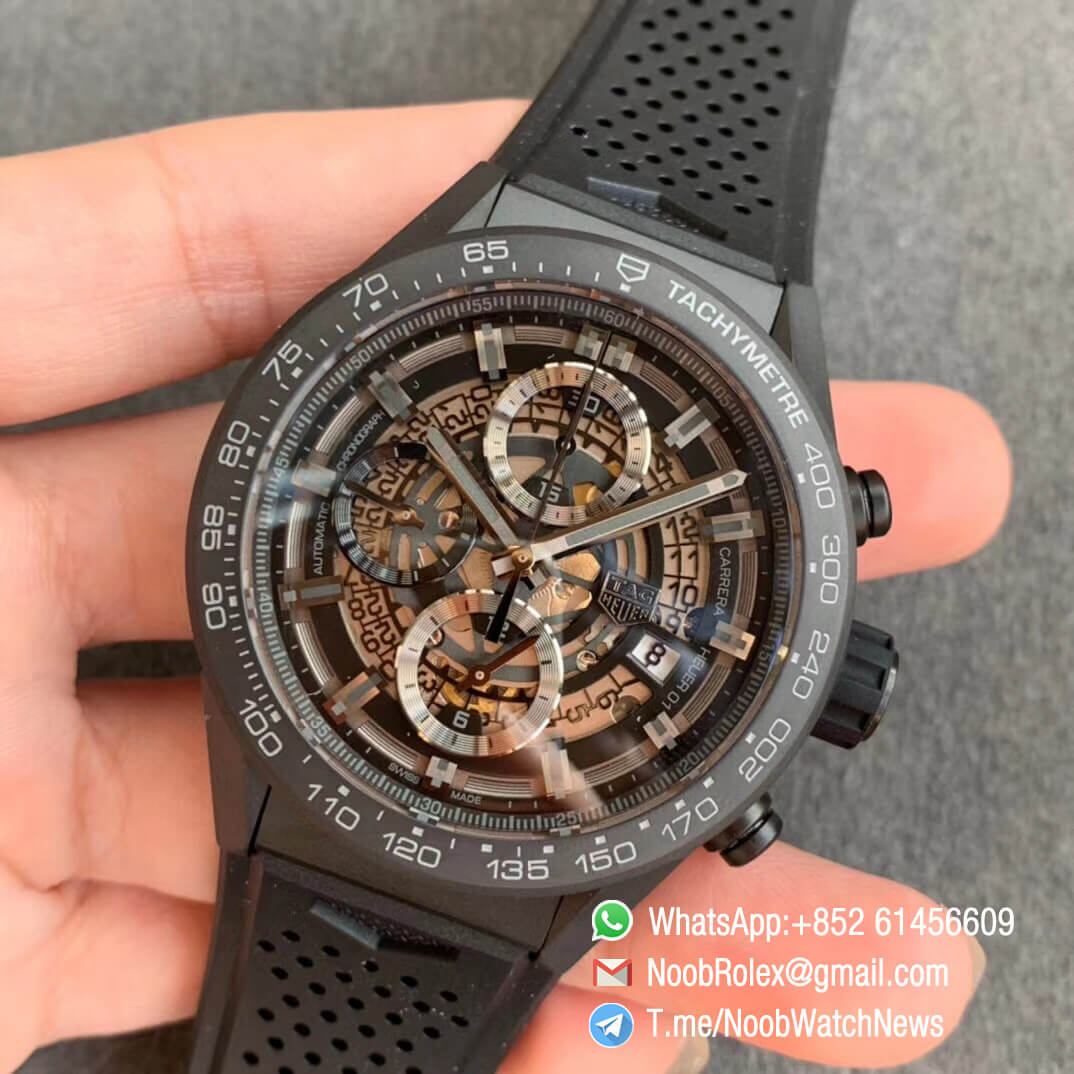Tag Heuer Carrera Heuer 01 Chrono 43mm Ceramic Case Skeleton Dial on Black Rubber Strap A1887 XF Top Quality Replica Swiss Watch 03
