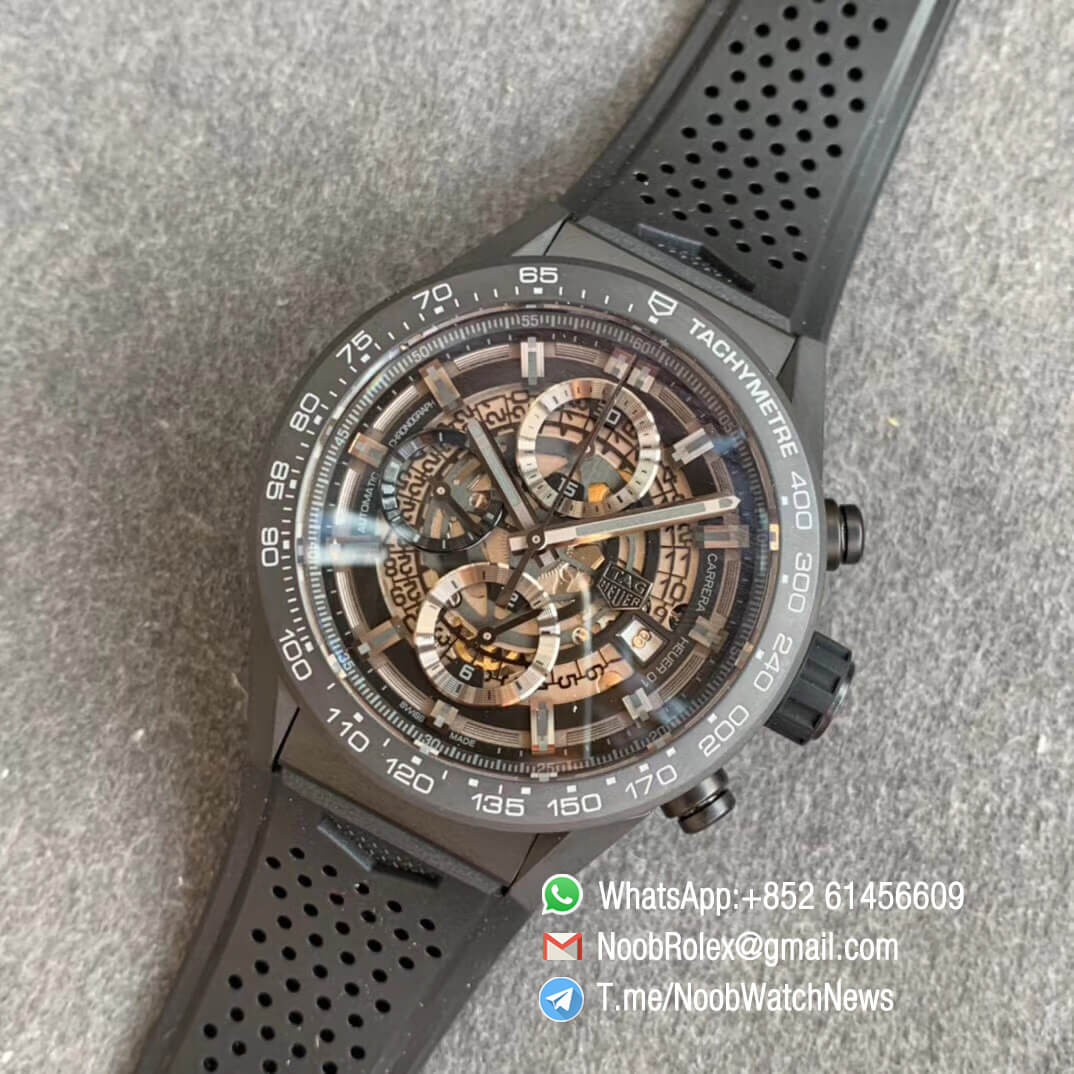 Tag Heuer Carrera Heuer 01 Chrono 43mm Ceramic Case Skeleton Dial on Black Rubber Strap A1887 XF Top Quality Replica Swiss Watch 09