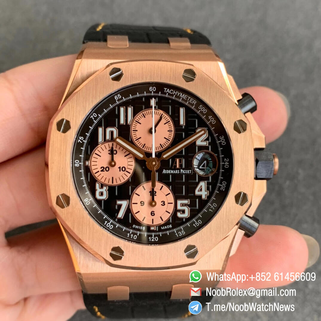 AP Royal Oak Offshore 26470OR Rose Gold Case Black Dial Rose Gold Sub Dial Black Leather Strap JF Top Replica A3126 V2 Cyclops and DW Mod 01