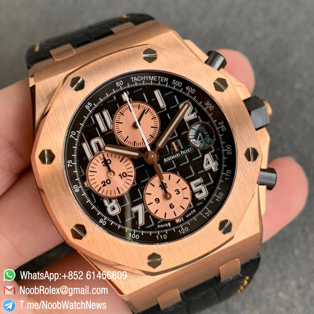 AP Royal Oak Offshore 26470OR Rose Gold Case Black Dial Rose Gold Sub Dial Black Leather Strap JF Top Replica A3126 V2 Cyclops and DW Mod 02