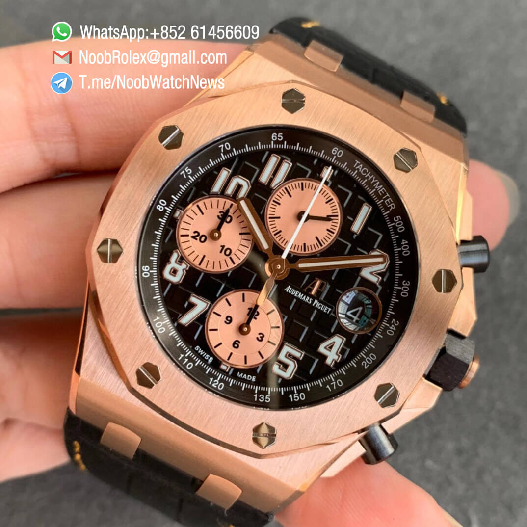 AP Royal Oak Offshore 26470OR Rose Gold Case Black Dial Rose Gold Sub Dial Black Leather Strap JF Top Replica A3126 V2 Cyclops and DW Mod 03