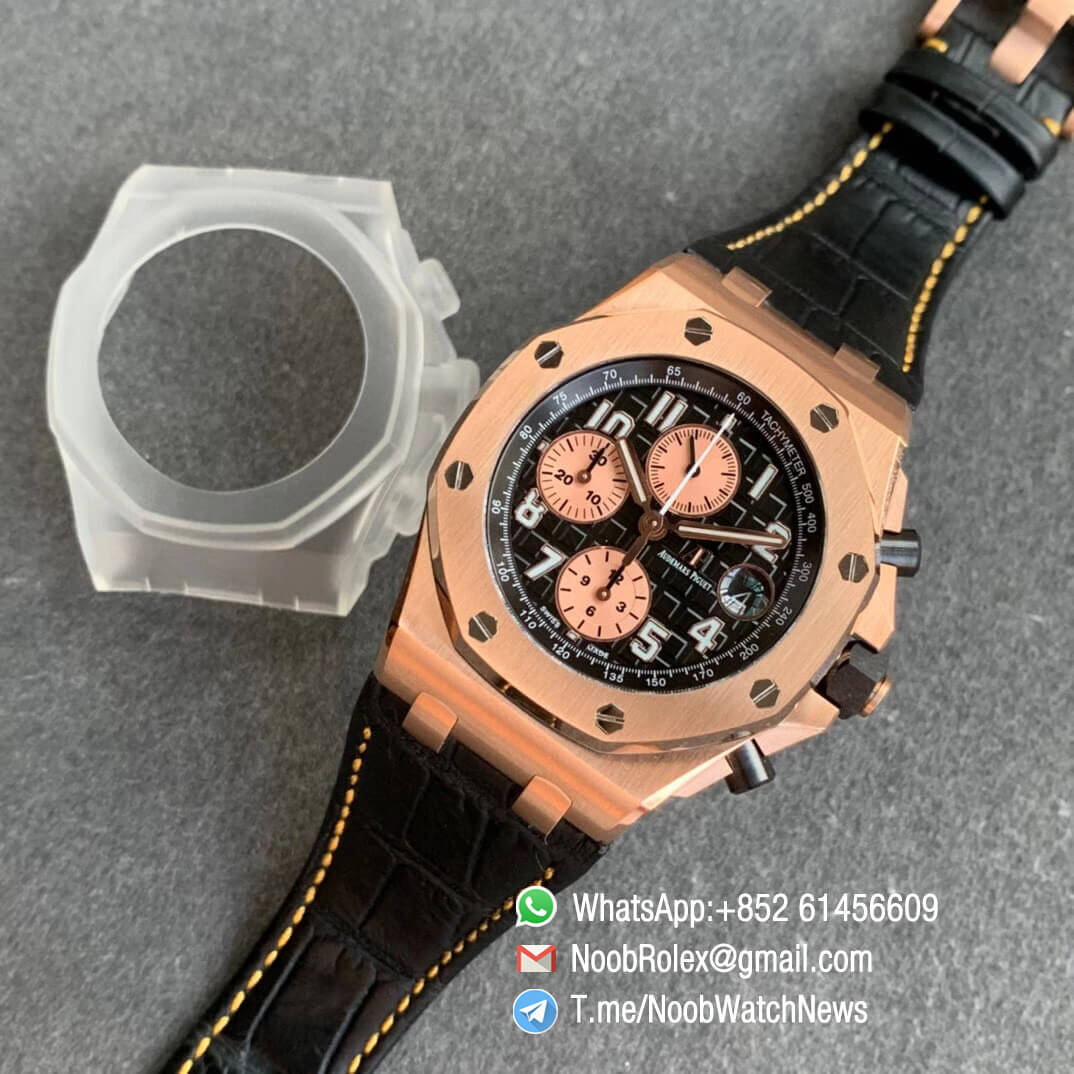 AP Royal Oak Offshore 26470OR Rose Gold Case Black Dial Rose Gold Sub Dial Black Leather Strap JF Top Replica A3126 V2 Cyclops and DW Mod 09