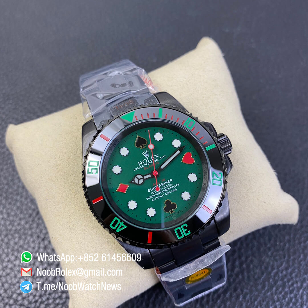 Blaken Rolex Submariner Poker Limited Edition 40mm DLC Black Case 904L Matel Green Dial with Poker Indexs A2836 Noob Top Clone 02