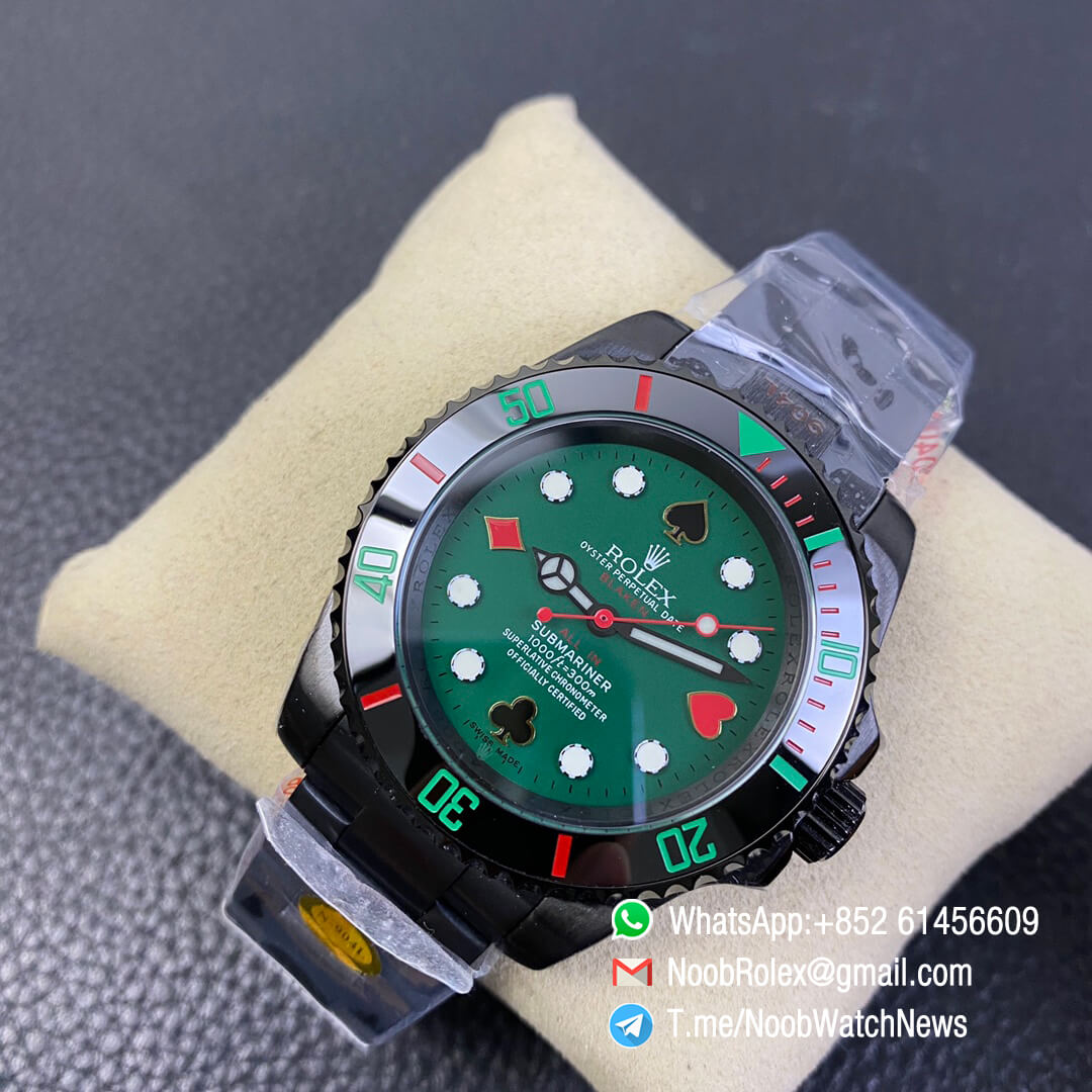 Blaken Rolex Submariner Poker Limited Edition 40mm DLC Black Case 904L Matel Green Dial with Poker Indexs A2836 Noob Top Clone 03