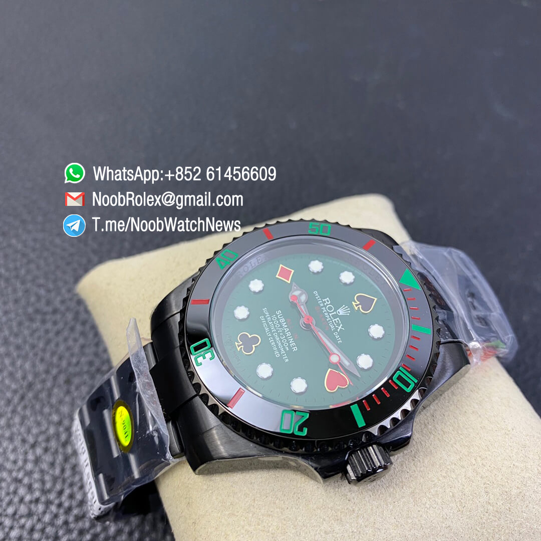 Blaken Rolex Submariner Poker Limited Edition 40mm DLC Black Case 904L Matel Green Dial with Poker Indexs A2836 Noob Top Clone 04
