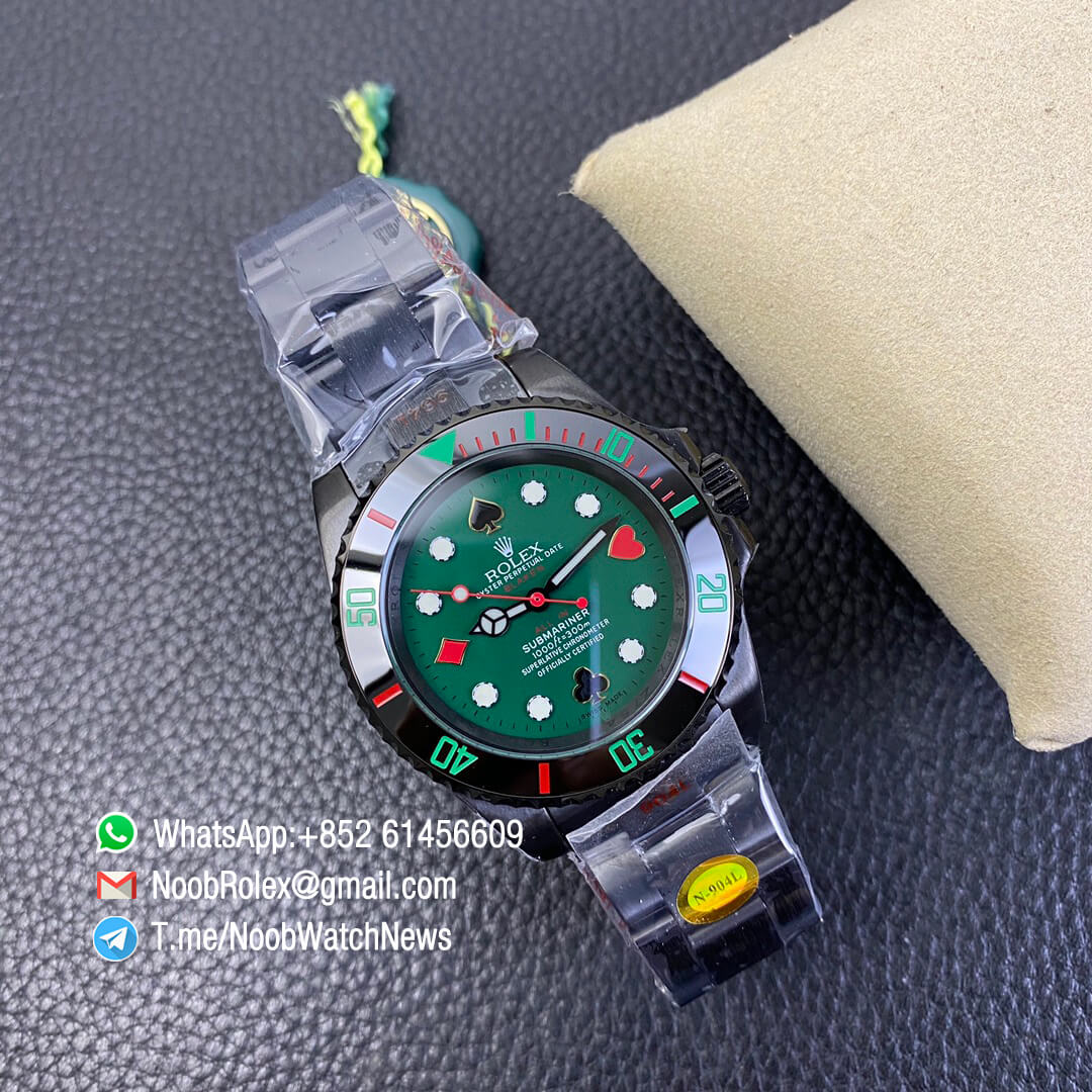 Blaken Rolex Submariner Poker Limited Edition 40mm DLC Black Case 904L Matel Green Dial with Poker Indexs A2836 Noob Top Clone 07