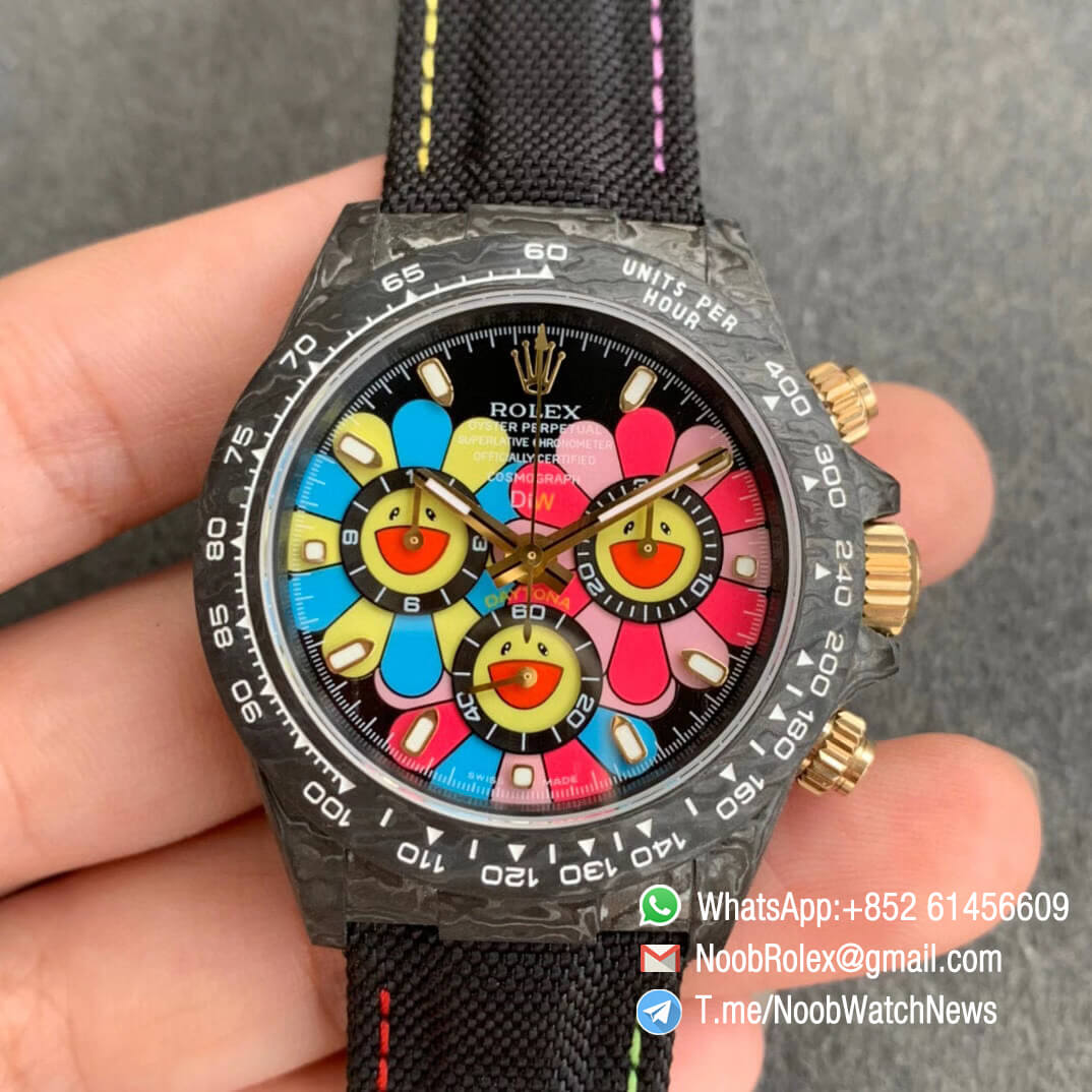 DIW Carbon Daytona Motley Flower Smiling Dial on Black Nylon Strap A4130 WWF Top Qualtiy Copy Diw Rolex Watch 01