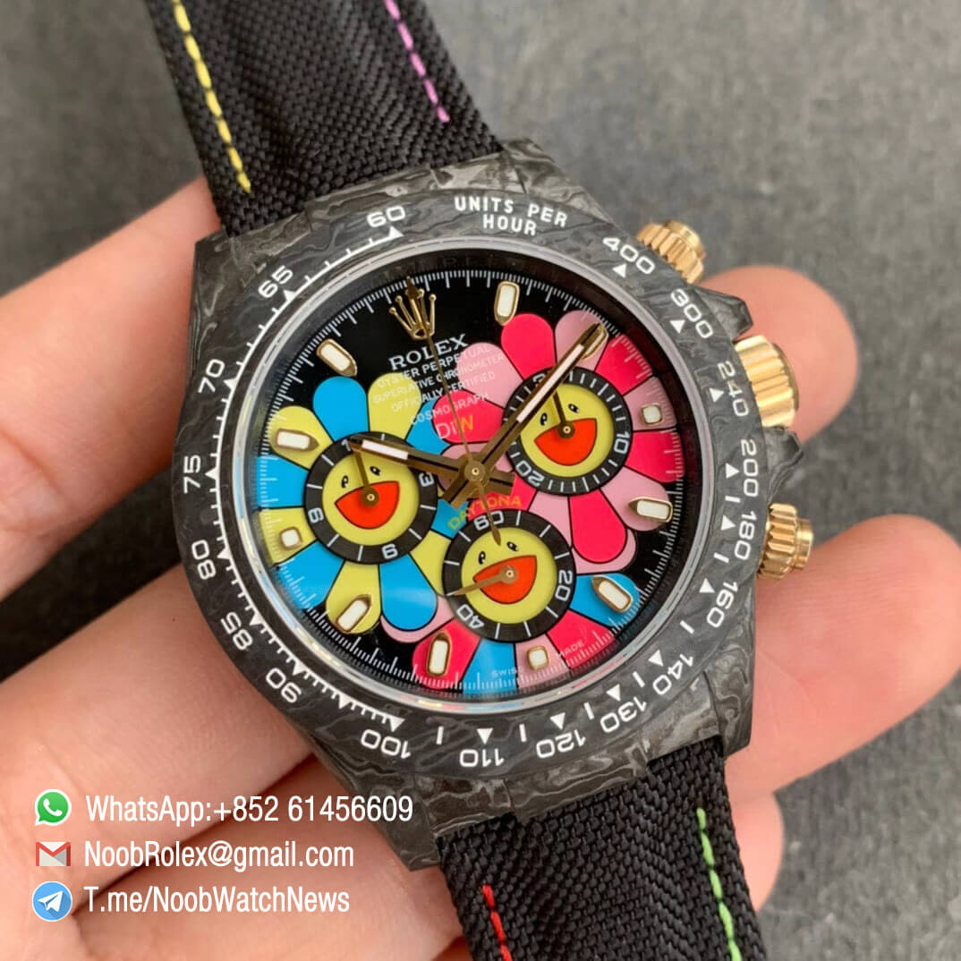 DIW Carbon Daytona Motley Flower Smiling Dial on Black Nylon Strap A4130 WWF Top Qualtiy Copy Diw Rolex Watch 02