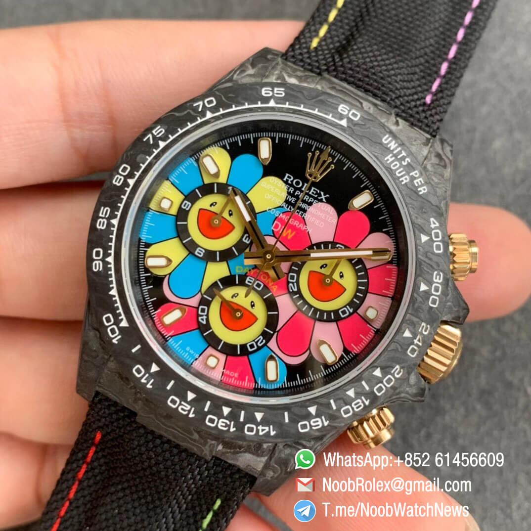 DIW Carbon Daytona Motley Flower Smiling Dial on Black Nylon Strap A4130 WWF Top Qualtiy Copy Diw Rolex Watch 03