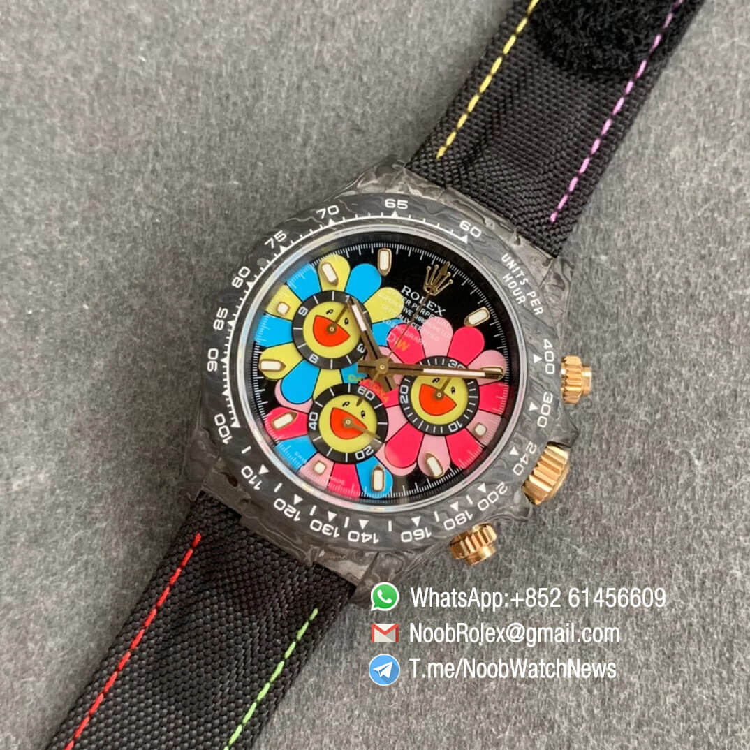 DIW Carbon Daytona Motley Flower Smiling Dial on Black Nylon Strap A4130 WWF Top Qualtiy Copy Diw Rolex Watch 09