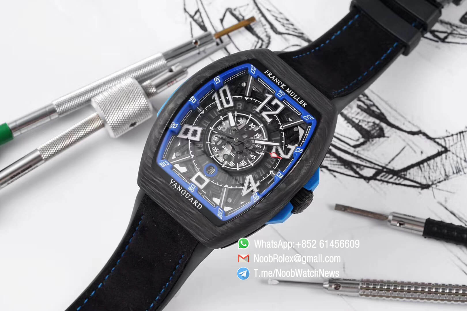 Franck Muller Vanguard Racing Carbon Case Black Skeleton Dial with Blue Dial Ring on Black Rubber Strap NH35A TWF Top Clone 01
