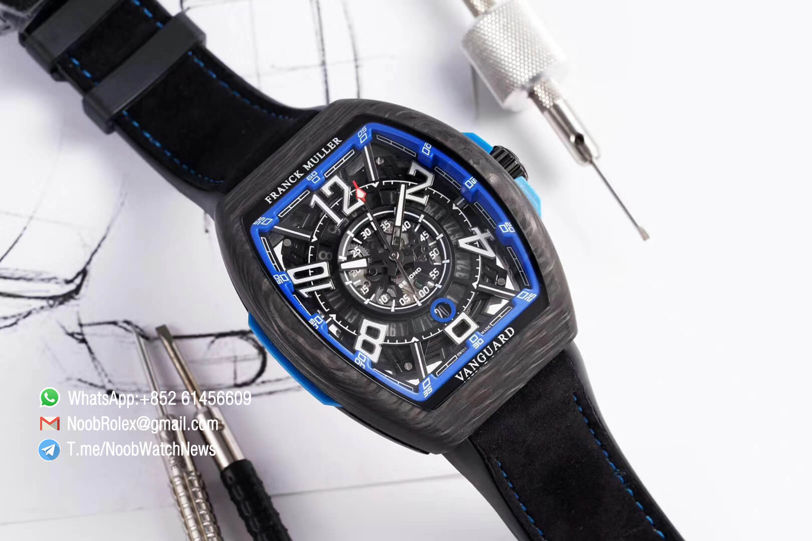 Franck Muller Vanguard Racing Carbon Case Black Skeleton Dial with Blue Dial Ring on Black Rubber Strap NH35A TWF Top Clone 02