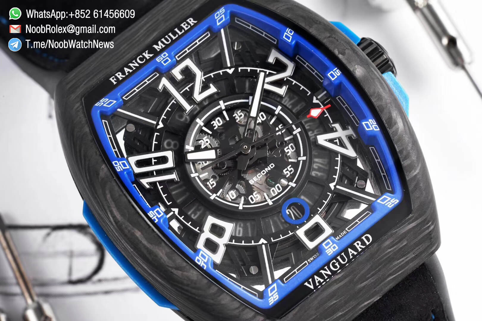Franck Muller Vanguard Racing Carbon Case Black Skeleton Dial with Blue Dial Ring on Black Rubber Strap NH35A TWF Top Clone 03