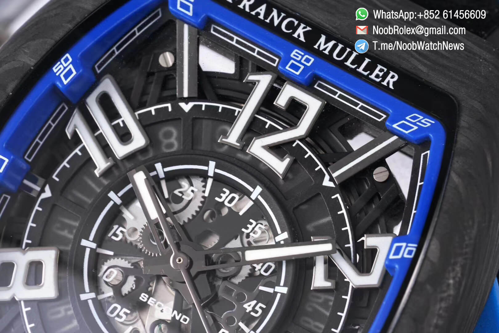 Franck Muller Vanguard Racing Carbon Case Black Skeleton Dial with Blue Dial Ring on Black Rubber Strap NH35A TWF Top Clone 04