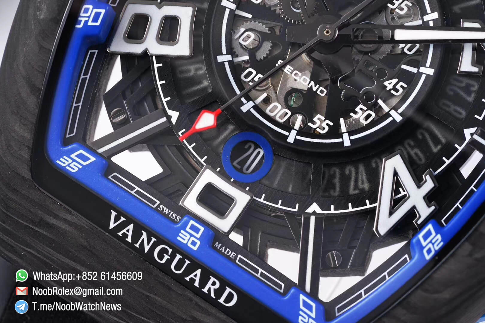 Franck Muller Vanguard Racing Carbon Case Black Skeleton Dial with Blue Dial Ring on Black Rubber Strap NH35A TWF Top Clone 05