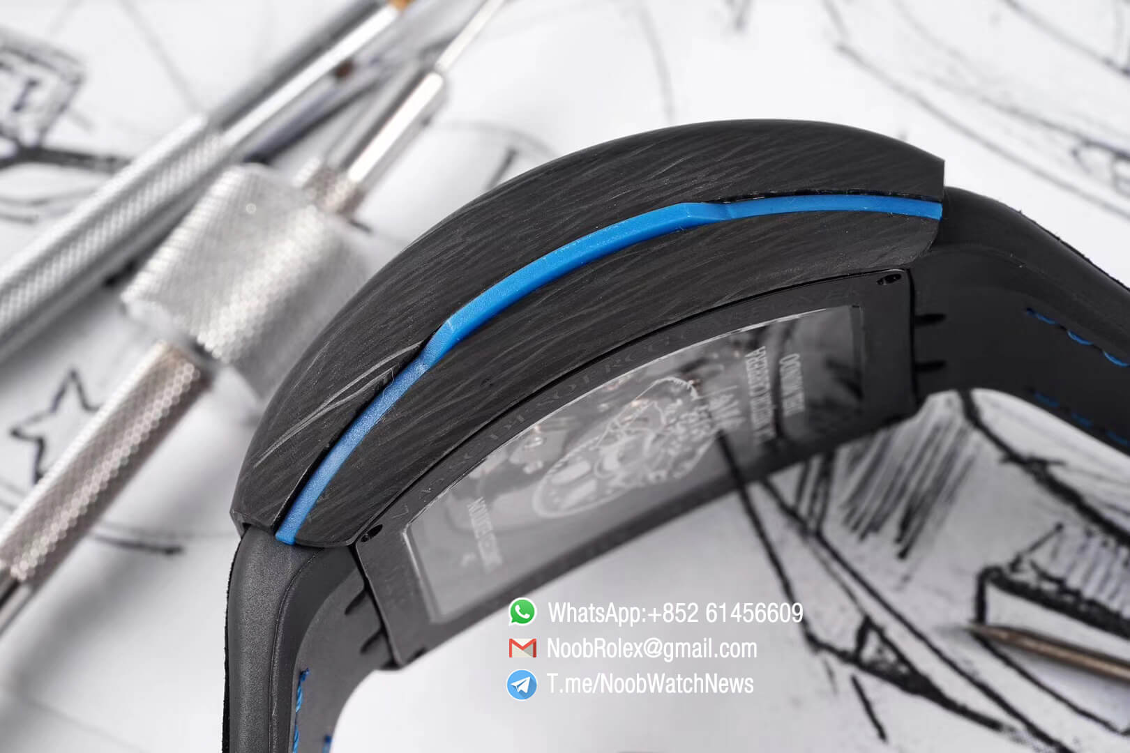 Franck Muller Vanguard Racing Carbon Case Black Skeleton Dial with Blue Dial Ring on Black Rubber Strap NH35A TWF Top Clone 06