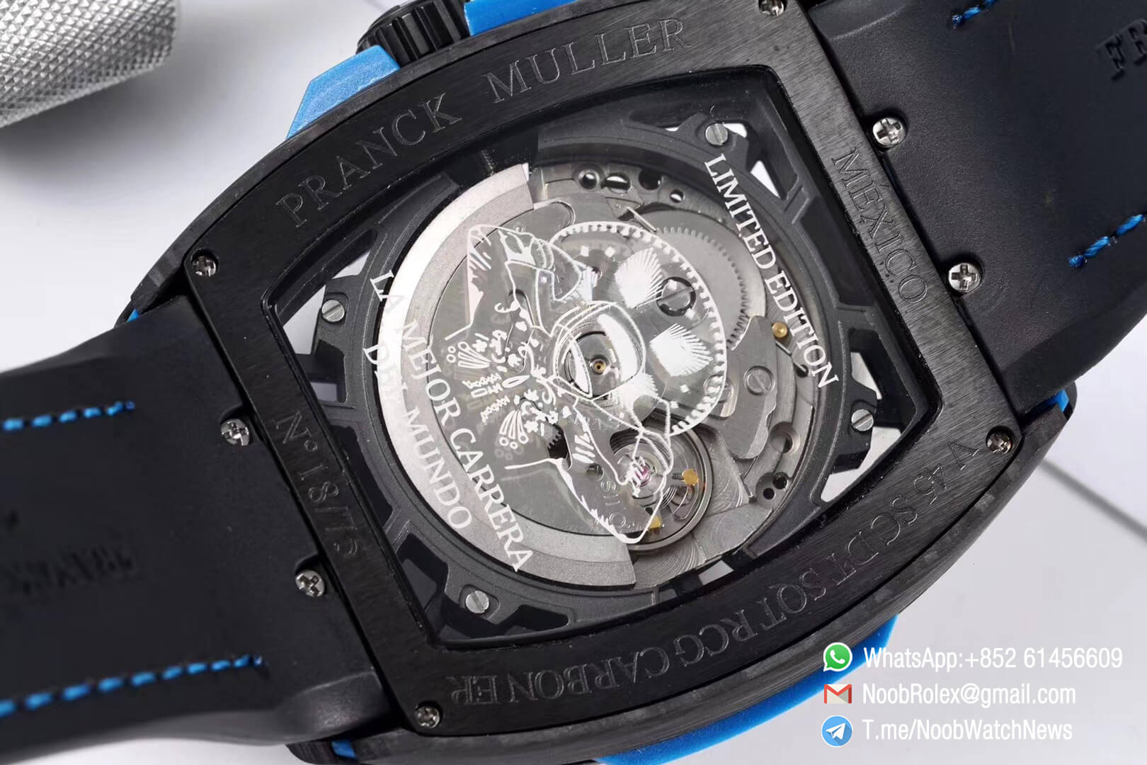 Franck Muller Vanguard Racing Carbon Case Black Skeleton Dial with Blue Dial Ring on Black Rubber Strap NH35A TWF Top Clone 08
