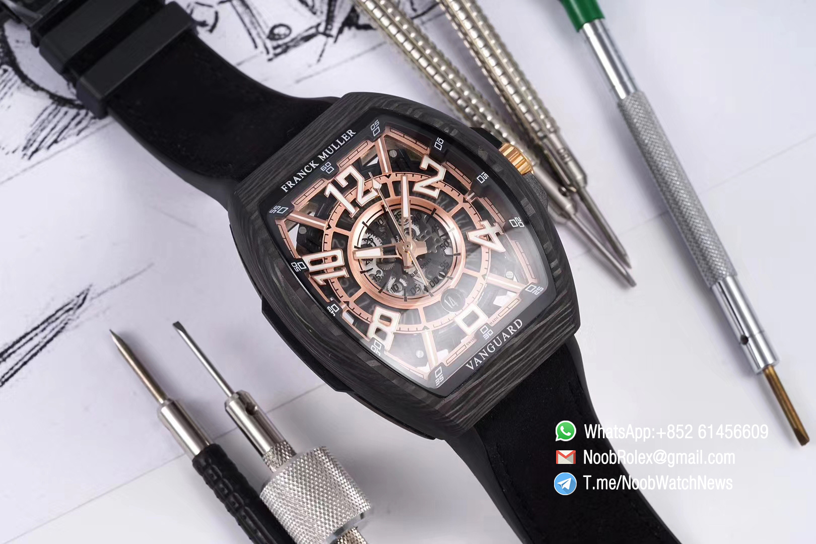 Franck Muller Vanguard Racing Carbon Case Rose Gold Skeleton Dial on Black Rubber Strap NH35A TWF Best Copy 01