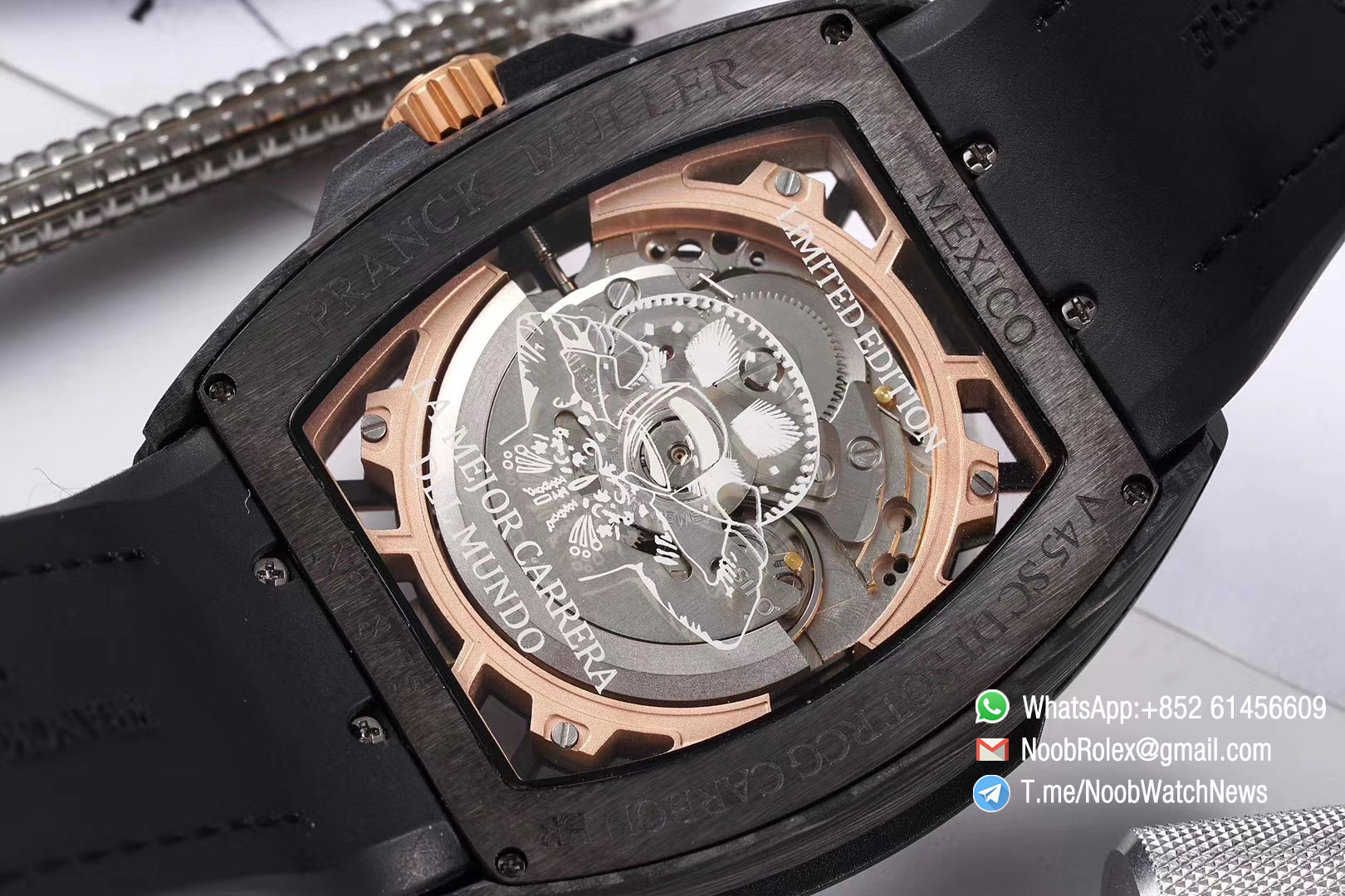 Franck Muller Vanguard Racing Carbon Case Rose Gold Skeleton Dial on Black Rubber Strap NH35A TWF Best Copy 08