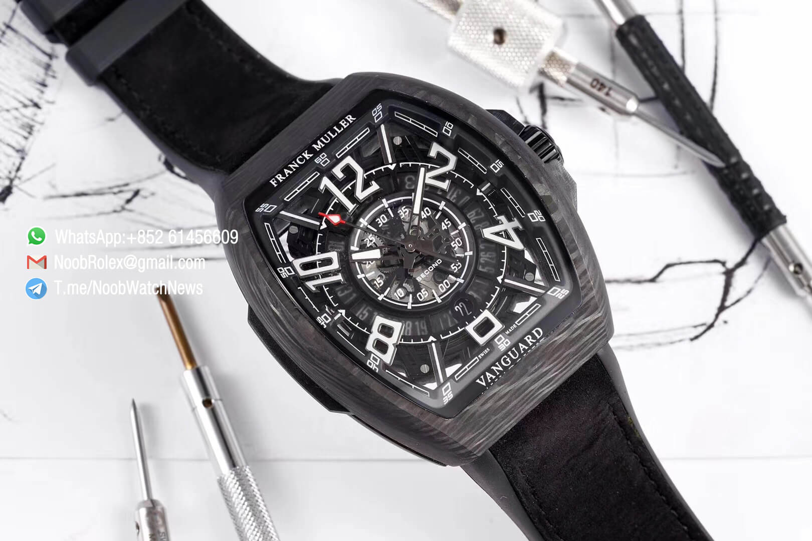 Franck Muller Vanguard Racing Super Luminous Carbon Case Black Skeleton Dial with Black Dial Ring on Black Rubber Strap NH35A TWF Top Rep Watch 01