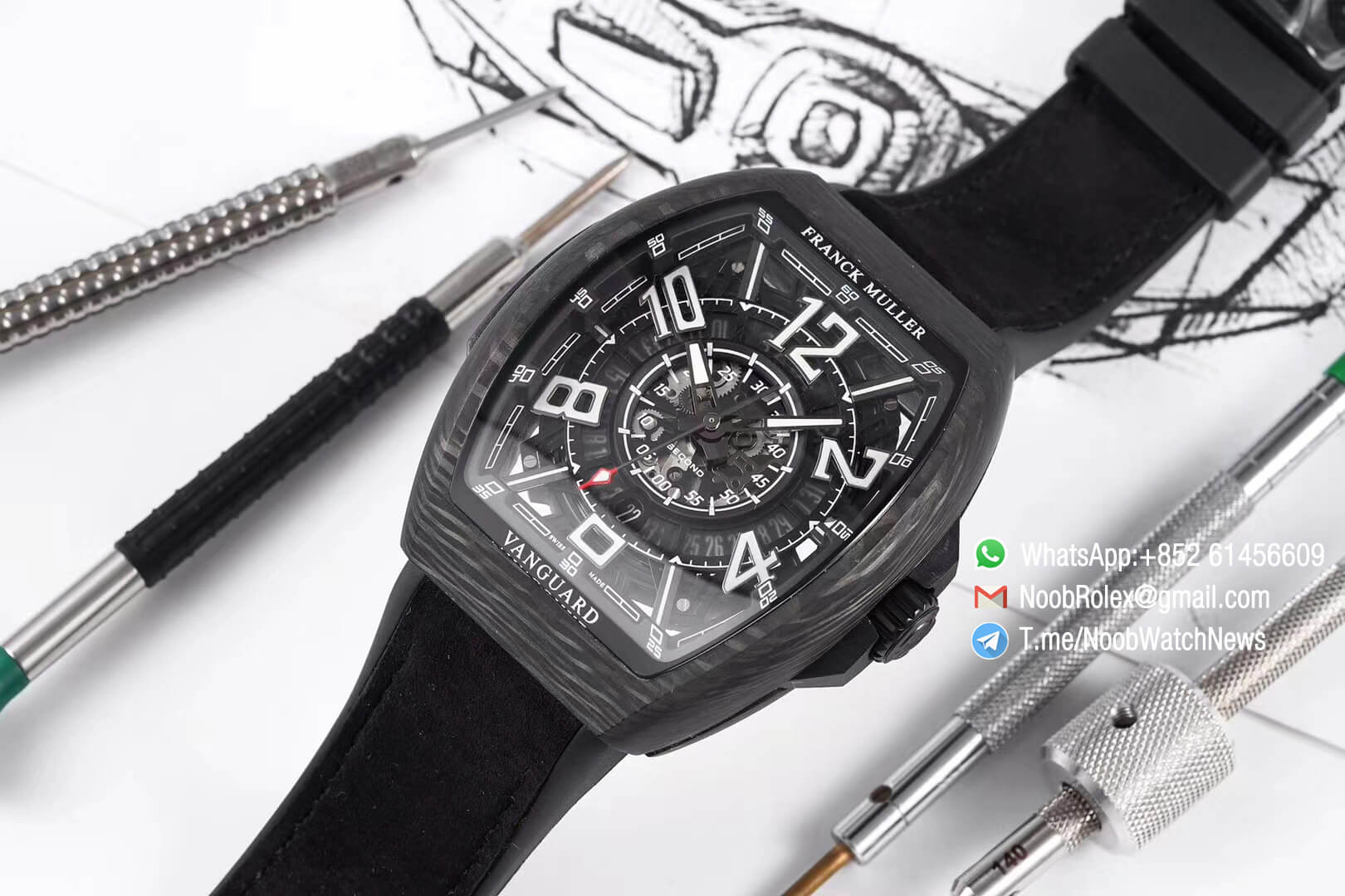 Franck Muller Vanguard Racing Super Luminous Carbon Case Black Skeleton Dial with Black Dial Ring on Black Rubber Strap NH35A TWF Top Rep Watch 02