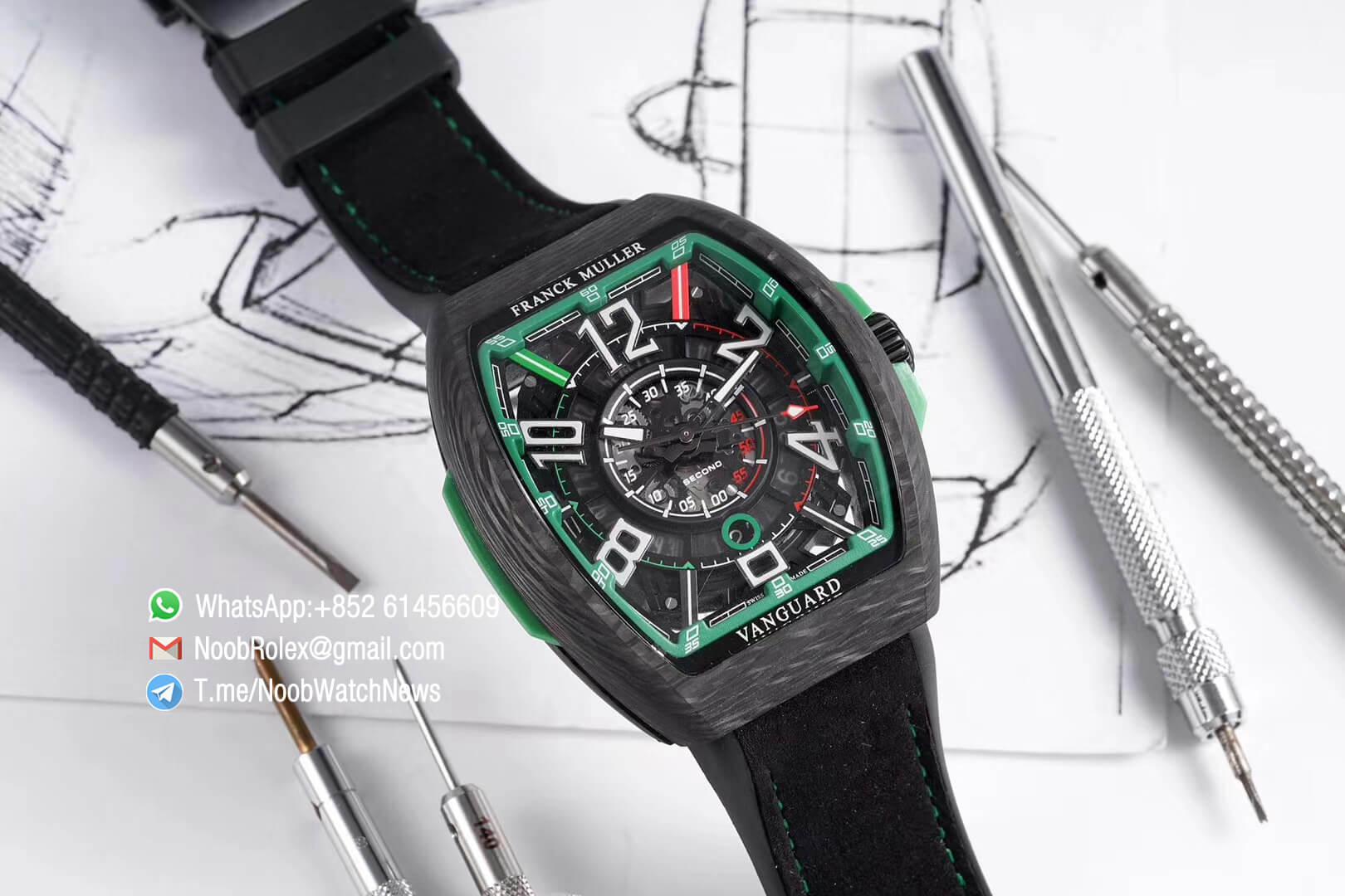 Franck Muller Vanguard Racing Super Luminous Carbon Case Black Skeleton Dial with Green Dial Ring on Black Rubber Strap NH35A TWF Top Rep Watch 02 1