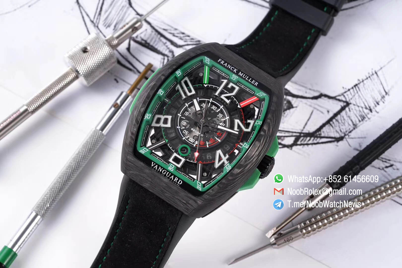 Franck Muller Vanguard Racing Super Luminous Carbon Case Black Skeleton Dial with Green Dial Ring on Black Rubber Strap NH35A TWF Top Rep Watch 03 1