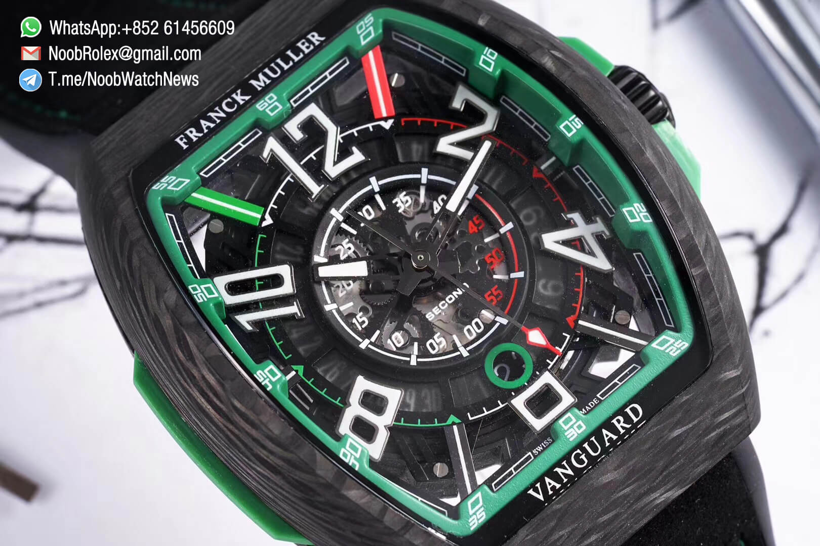 Franck Muller Vanguard Racing Super Luminous Carbon Case Black Skeleton Dial with Green Dial Ring on Black Rubber Strap NH35A TWF Top Rep Watch 04 1